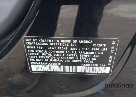 2020 Volkswagen Passat 2.0T R-Line z USA, uszkodzony, nr VIN 1VWMA7A34LC008022